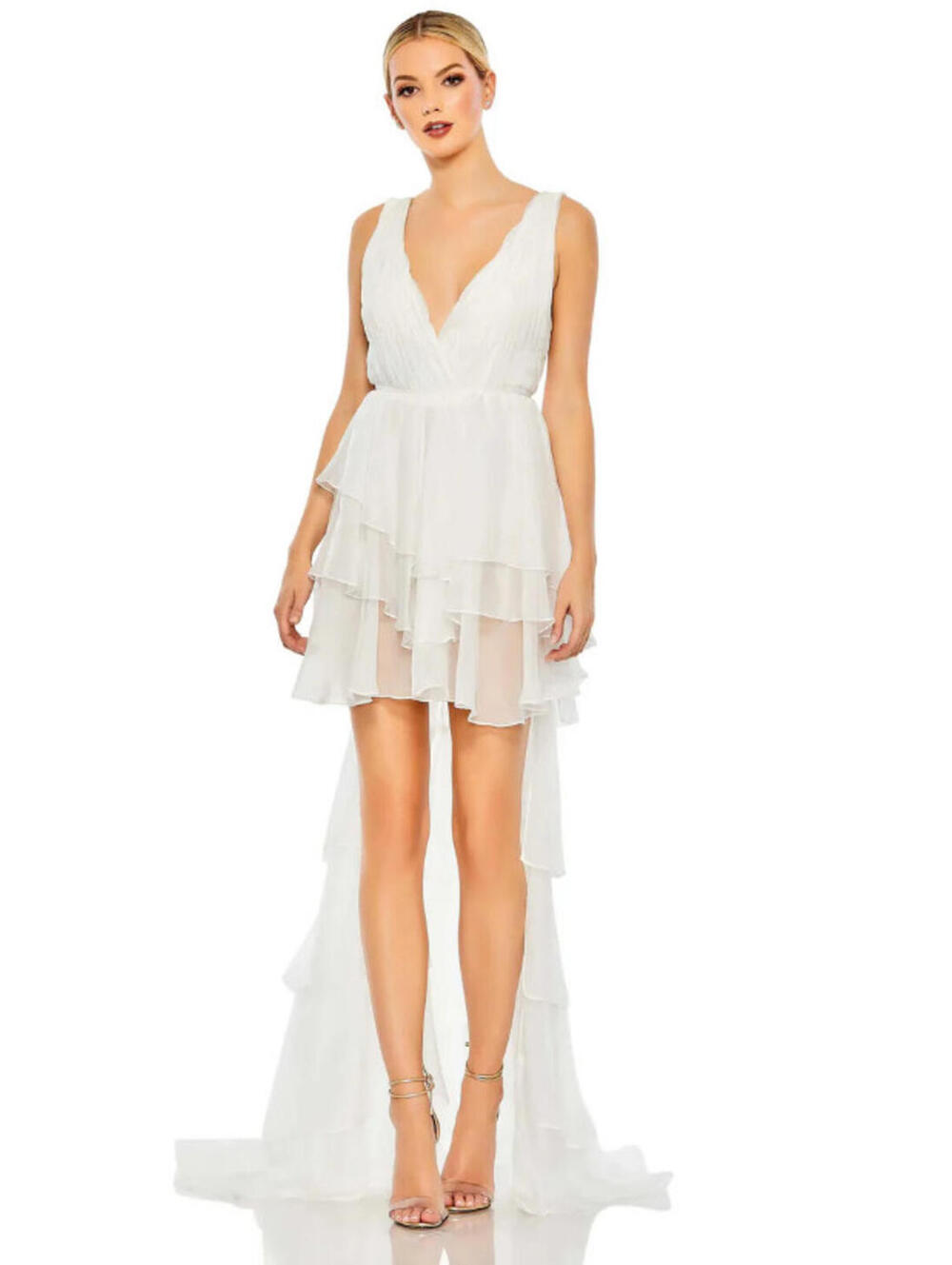 NWT Ieena Mac Duggal white Tiered Ruffle Chiffon High/Low Gown size 8 55320
